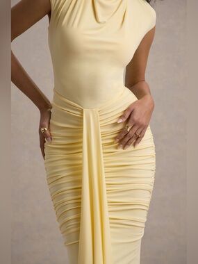 Club L London Lorenza Pale Lemon High-Neck Ruched Maxi Dress – Size US 6